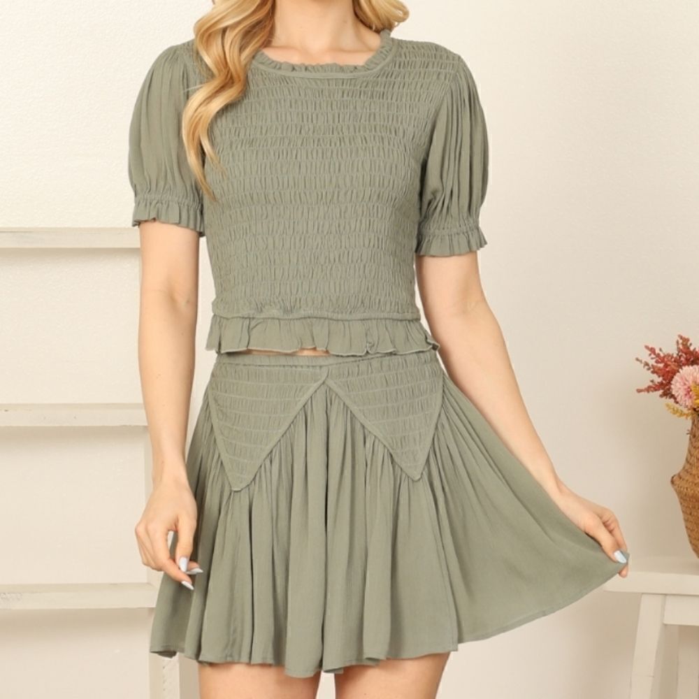 Matching Set Olive Smocked TopSkirt Feminine Frilly Sweet S M